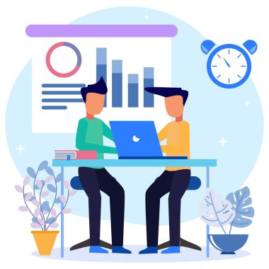 Düz izometrik vektör çizimi beyaz arkaplanda izole edildi. Projelerde birlikte çalışan iş karakterleri. Takım çalışması ve ortaklık kavramı. Bir masa işi etrafında tartışın.