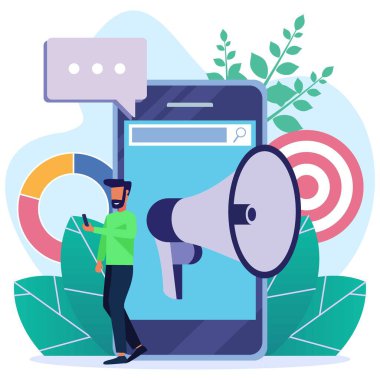 Düz izometrik vektör çizimi beyaz arkaplanda izole edildi. Akıllı telefonlu karakterlerin dijital pazarlama konsepti. Web pankartları, bilgi grafikleri, kahraman resimleri için kullanılabilir.