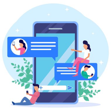 Modern tarz vektör çizimi. Bir kadın büyük cep telefonunun yanında bir adamla sohbet ediyor. Akıllı telefondan mesaj var. Sanal randevu ve ilişki uygulaması.
