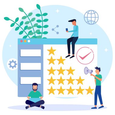 Modern biçim vektör illüstrasyonu beyaz arkaplanda izole edildi. Çevrimiçi geri bildirim ya da değerlendirme pankartı. Web pankartları, bilgi grafikleri, kahraman resimleri için kullanılabilir.