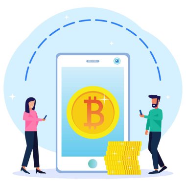 Düz izometrik vektör çizimi beyaz arkaplanda izole edildi. Bitcoin konsept afişi, Kripto para değişimi. Web pankartları, bilgi grafikleri, kahraman resimleri için kullanılabilir.