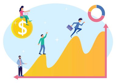 Düz stil vektör çizimi. İş büyümesi kavramında başarı ve büyüme oranlarıyla ilerleme grafiği.