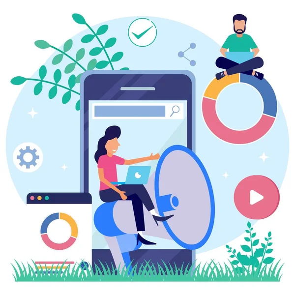 Vector illustration of flat isometric isolated on white background. Digital marketing strategy concept. Can be used for web banners, infographics, hero images.