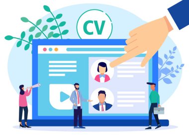 İşletme konsepti seçiminde işaret parmağı olan seçilmiş adayların vektör illüstrasyonu. İnsan kaynakları için en iyi seçim beceri, deneyim ve CV ile.