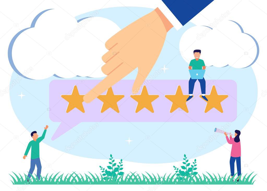 Flat style vector illustration. Customers Give Five Star Feedback. Clients Choose Satisfaction Ratings and Leave Positive Reviews. Customer Service Concepts and User Experience.