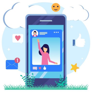 Beyaz arkaplanda izole edilmiş vektör çizimi. Sosyal medya etkilicileri iş başında. Çeşitli simgeler, içerik, video, promosyon ve daha fazlası.