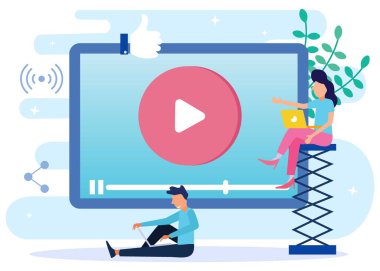 Modern tarz vektör çizimi. Vlogerlar bloglarda ya da video günlüklerinde bradcast paylaşıyorlar. Video günlükleri, web televizyonu veya gömülü video kavramları.