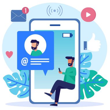 Düz biçim vektör illüstrasyonu beyaz arkaplanda izole edildi. İnsanların karakterleri hakkında sosyal medya kavramları çevrimiçi. Web sayfaları, afişler, sunumlar, sosyal medya, belgeler, posterler için.