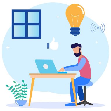 Flat style vector illustration. Freelancers Work Laptops Sitting at Desks at Work Thinking about Tasks. Brainstorming Freelance Outsourcing Worker Jobs. clipart