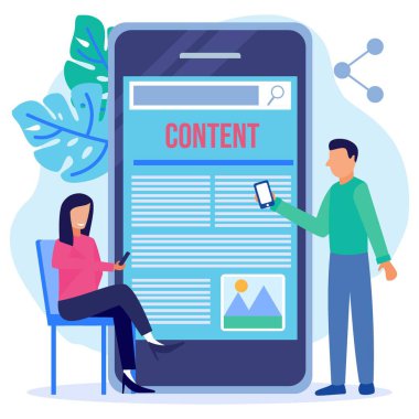 Düz stil vektör çizimi. İnternet içeriği kavramı, akıllı telefonun etrafındaki insanların karakterleri. Web pankartları, bilgi grafikleri, kahraman resimleri için kullanılabilir.