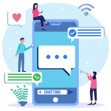 Akıllı telefondan mesaj gönderen birinin vektör çizimi. Web pankartları, baskılar, bilgi grafikleri, mobil web siteleri için. İniş sayfası şablonları. Sanal randevu ve ilişki uygulaması.