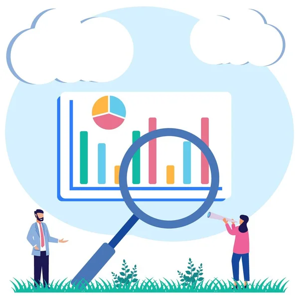Isometryczna Ilustracja Wektora Płaskiego Biznesmena Praca Wizualizacjami Danych Mężczyźni Kobiety — Wektor stockowy