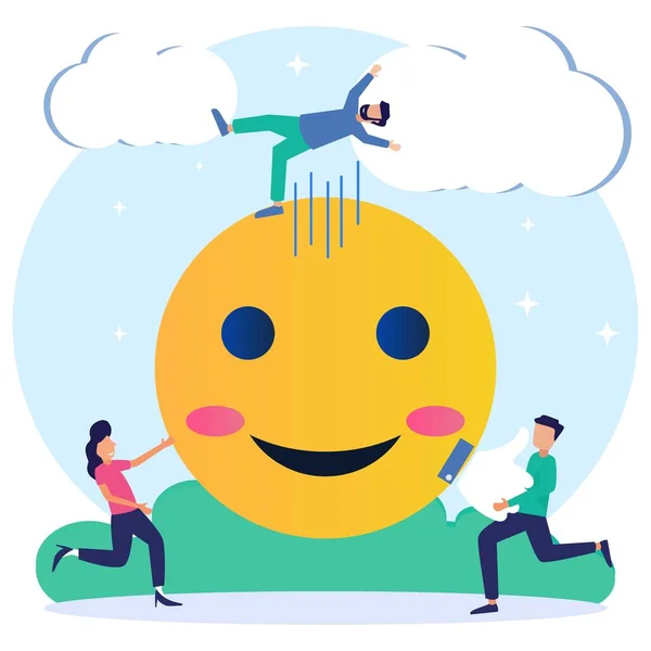 白い背景に孤立した平面等角ベクトル図 笑顔でソーシャルメディアのコンセプト Emojidex 絵文字デックス 幸せな人のキャラクター — ストックベクタ