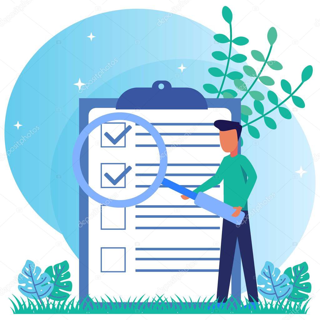 A positive business man points in the direction marked by a checklist on whiteboard paper. Successfully complete business assignments. Flat vector illustration.