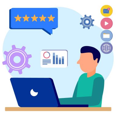 Modern tarz vektör çizimi. Arka planda dizüstü bilgisayarı ve ofis simgeleri olan genç bir iş adamı oturuyor. Çoklu görev ve zaman yönetimi kavramları. Etkin yönetim.