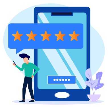 Düz stil vektör çizimi. Erkek ve kadın karakterler beş yıldızlı geri bildirim yaparlar. Müşteri memnuniyet derecelendirmesi için oy verir ve olumlu eleştirileri terk eder. Müşteri Hizmetleri Konsepti ve Kullanıcı Deneyimi.