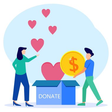 Flat style vector illustration of Volunteer team helping charity and sharing hope. The care, love and kind hearts of the community support the poor, homeless and the elderly. Sharing and donating.