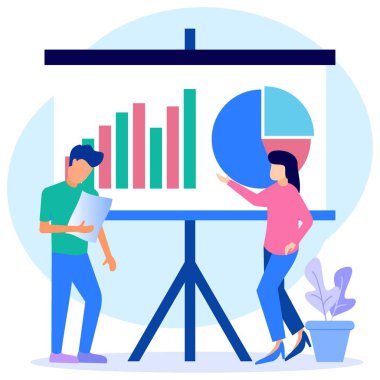 Vector illustration of flat style presentation of business people with colleagues. Training conferences and sofa lectures. Teachers and leaders educate business audiences. Give each other input.