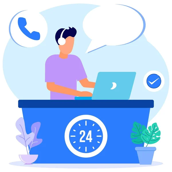 Moderne Vektor Illustration Eines Hotline Betreibers Der Kunden Mit Einem — Stockvektor