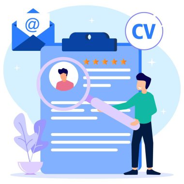 Modern tarz vektör illüstrasyonu, başvuru verilerini ve profillerini kontrol eden kişinin karakteriyle çevrimiçi eleman toplama kavramı. Web iniş sayfaları için uygun, evet, afiş şablonları. Vektör İllüstrasyonu.