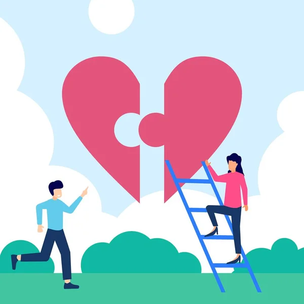 平面样式矢量说明健康概念 医疗保健团队携手合作 共同管理抽象的心脏拼图符号 参加社会福利活动的人 — 图库矢量图片