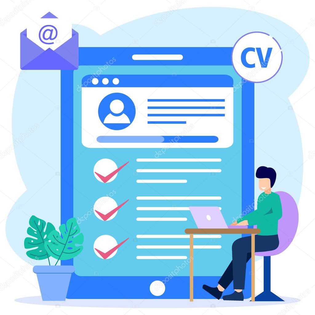 Flat vector illustration. Job interview. Employee evaluations, appraisal forms and reports, performance review concepts.
