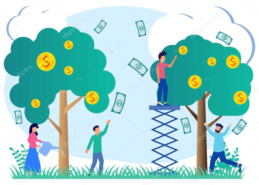 Income flat style vector illustration and income metaphor. People characters take cash from money tree. Investor strategy, funding concept. business investment profits.