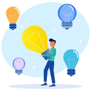 Düz çizgi film renkli vektör çizimi. Elinde ampul tutan mutlu dahi genç adam. Yenilikçi fikirler üretimi, yaratıcı düşünce, yaratıcılık ve hayal gücü kavramı..