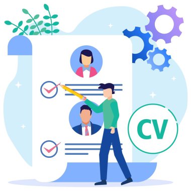 Düz stil çizgi film vektör çizimi. Kadın başrol, iş başvuruları listesinin önünde duruyor. İşçi ya da personel seçimi, personel alımı ya da personel alımı kavramı.