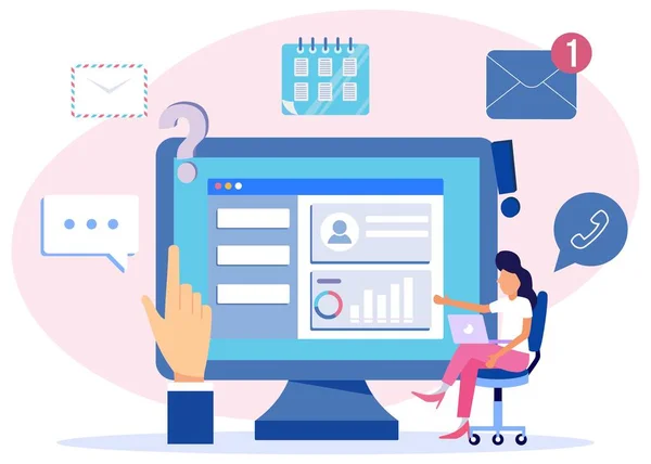 インターネット通知がたくさん付いているコンピュータモニターの現代的な様式のベクトル図 孤立した圧倒的な文字 呼び出し テキストメッセージや電子メールを持つ現代のデバイス — ストックベクタ