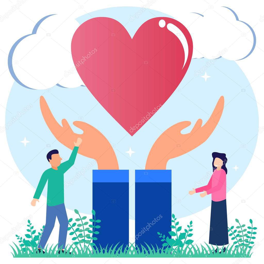 Vector illustration of social care with heart symbol as charity in humanity concept. support for the weaker and poorer with the help of donations and charities. Autism awareness and solidarity.