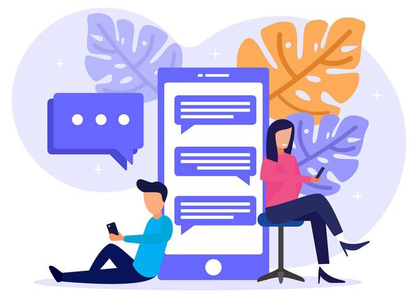 Vector illustration of modern style online messaging, communication via Internet, social media, chat, video, news, website, make friends, mobile web graphics - Vector.