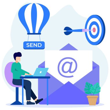 Düz Isometric Vektör Çizimi. Karakterler çalışma masasında zarfların yanında oturuyor ve mektuplar yolluyor. E- posta Pazarlama Konsepti.