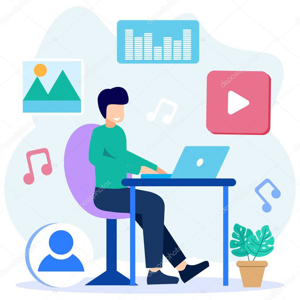 Modern style vector illustration. Freelance work on laptop editing video materials, presentations, creating or writing content. seo specialists working on the project.
