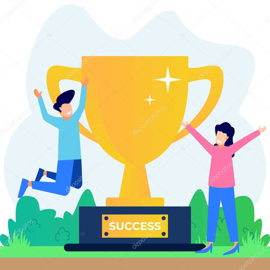 Vector illustration of success concept. The cartoon character celebrates success with a giant gold trophy. achievement, partnership, leadership. Career to success.