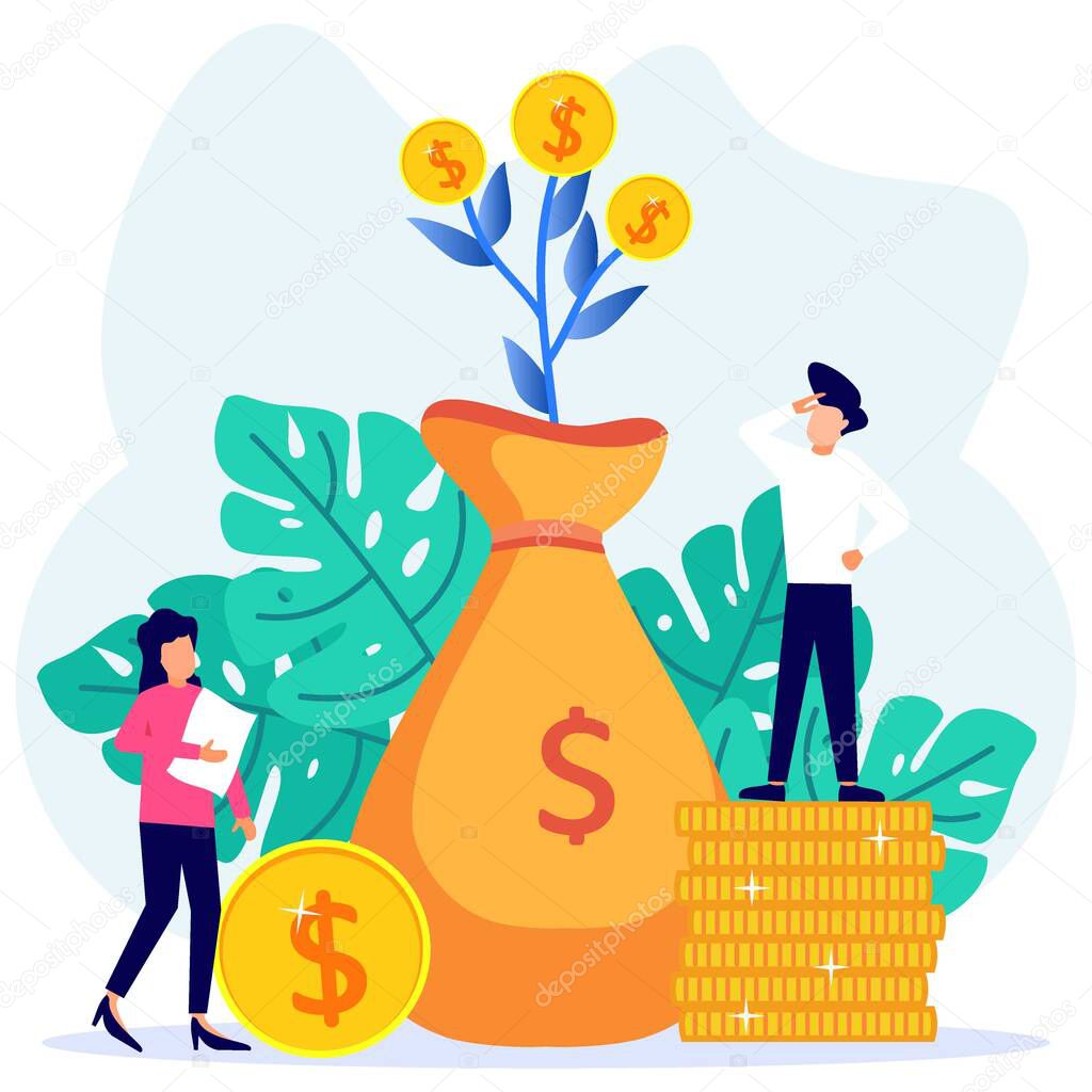 Vector illustration of business concept, businessman with growing tree with coins and money, profit, financial management, investment, successful business symbol.