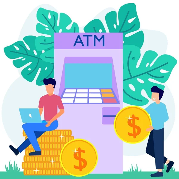 Moderne Konzeptvektorillustration Unternehmer Mit Formellen Anzügen Heben Geld Geldautomaten Verwalten — Stockvektor