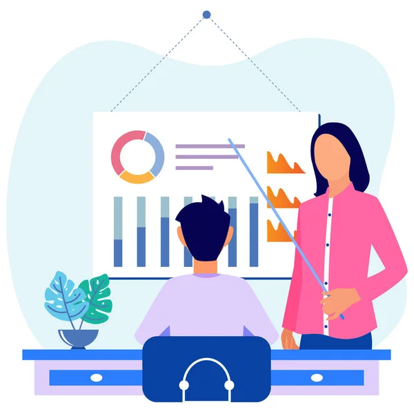 Företagsläraren Står Vid Den Punkt Diagrammet Karaktär Hos Människor Letar — Stock vektor