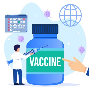 Dokunulmazlık Kampanyası Kavram Vektörü İllüstrasyonu. Coronavirus 'a karşı küresel aşı. Covid aşısı klinik deneyler için hazır. Bağışıklık sistemini virüslerden ve hastalıklardan koru..