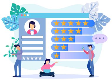 Modern biçim vektör illüstrasyonu beyaz arkaplanda izole edildi. Çevrimiçi geri bildirim ya da değerlendirme pankartı. Web pankartları, bilgi grafikleri, kahraman resimleri için kullanılabilir.