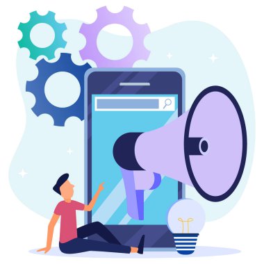 Dijital iş kuran bir girişimcinin vektör çizimi. Web sitesi olan mobil ekran. Gelir, çevrimiçi iş promosyonu, işten ayrılma, fikirler.