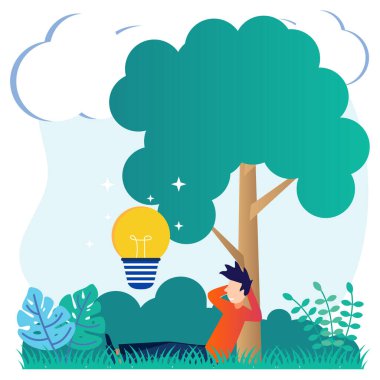 Vektör illüstrasyon, başarı için yaratıcı kavram fikirlerinin anahtarı, doğada huzur aramak, ilham vermek, yeni yaratıcı düşünceler aramak..