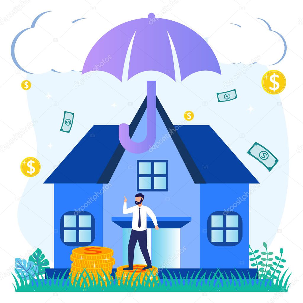 Modern style vector illustration, home protection concept, money, property, financial insurance savings, safe business economy for business people.
