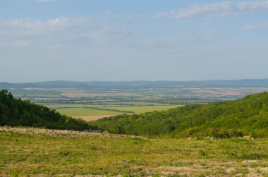 Gün boyunca tepeler ve ağaçlarla kaplı manzara