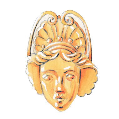 Klasik altın renginde bir kadın kafası. Sembolizm. El çizimi resimleme beyaz arkaplanda izole edildi.