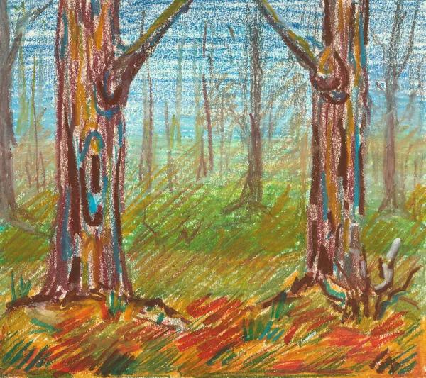 树核，在森林背景上有分枝，在水彩纸上涂上油膏。用正方形蜡笔画的秋天风景. — 图库照片