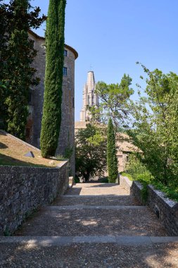 Güneş ışığıyla aydınlanan taş basamaklar kuleye, tarihi basamaklı bulvar uzun Cypress ve yuvarlak taşlarla çevrili,