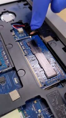 Eldivenli bir el dikkatlice bir dizüstü bilgisayara mavi bir RAM modülü yerleştirir.