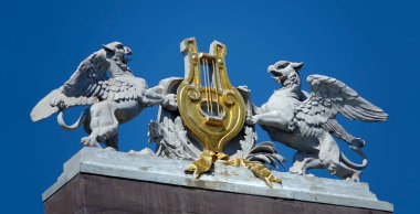 Kiev, Ukrayna 23 Ağustos 2020: Antik binaların mimari dekorasyonu