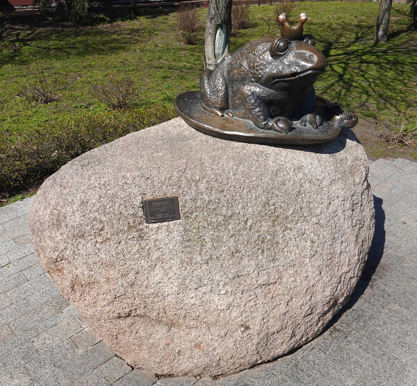 Kiev, Ukraine April 11, 2021: Statue "Princess Frog" Sculptor A. Shamshura Uzhgorod Kievans from TOV "MZHK Obolon"